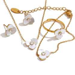 Yhpup à prova d'água exclusivo concha natural flor colar dourado brincos anel pulseira conjunto de aço inoxidável joias de fada doce