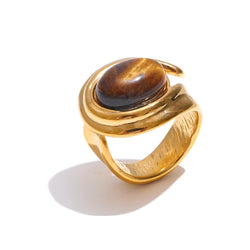 Yhpup popular aço inoxidável natural tigre pedra anel de dedo ouro prata cor à prova dwaterproof água geométrica charme jóias 2024