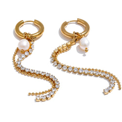 Yhpup pérola natural longo brilhante zircônia cúbica borla gota balançar brincos para mulheres moda festa à prova dwaterproof água na moda jóias presente