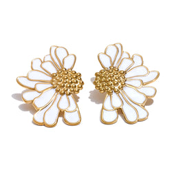 Yhpup grande branco preto esmalte flor declaração moda brincos 18k cor ouro pvd banhado a aço inoxidável jóias presente