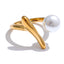 Yhpup elegante design exclusivo imitação de pérolas geométricas chique anel de dedo 18K banhado a ouro e platina PVD joias diárias atacado