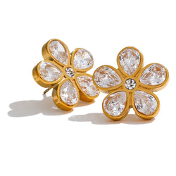 Yhpup AAA Bling Cubic Zirconia Flor Brincos Dourados para Mulheres Aço Inoxidável 316L Moda Brilhante Jóias À Prova D 'Água