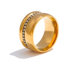 Yhpup elegante anel largo de zircônia cúbica redonda de aço inoxidável 18K PVD joias de temperamento banhadas a ouro