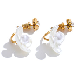 Yhpup brincos de aço inoxidável estilo coreano, elegantes, pérolas simuladas, resina, flor, zircônia, dourado, joias de fadas diárias